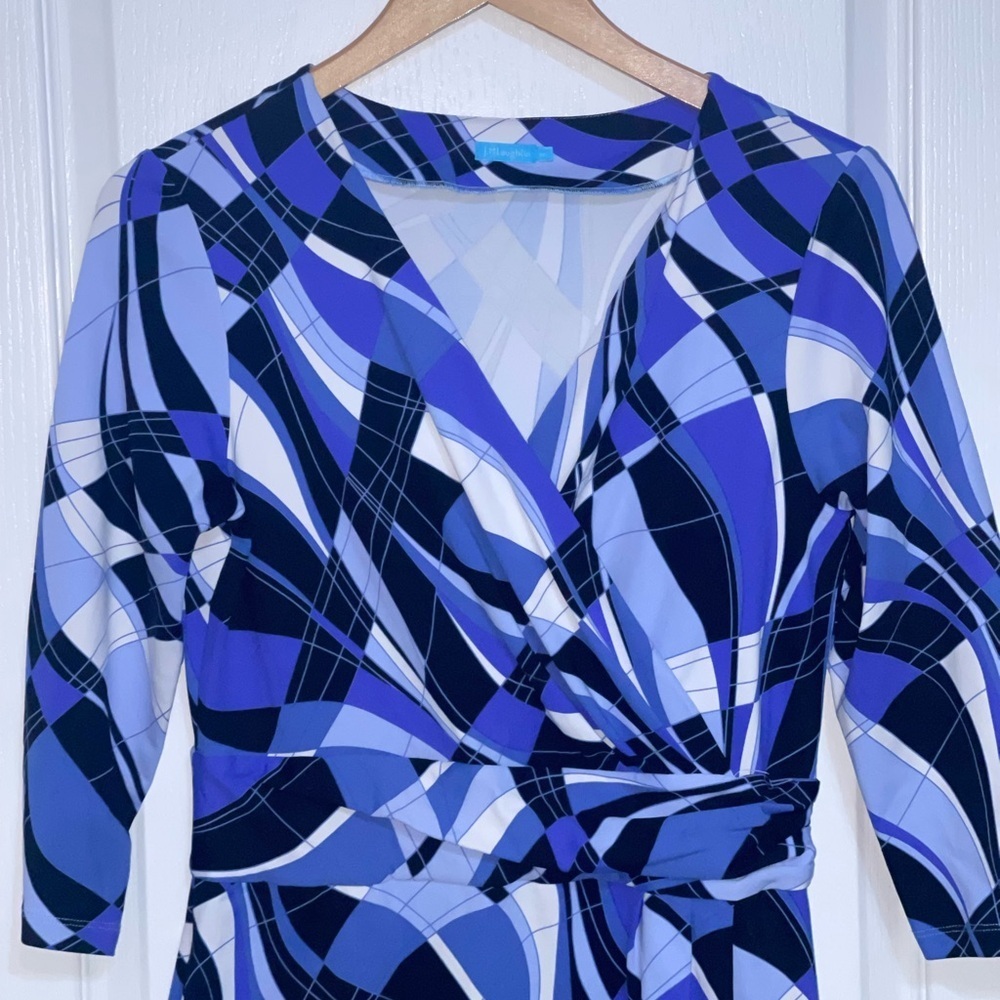 J. McLaughlin Blue Wave Print Long Sleeve Wrap Dress - Picture 3 of 8